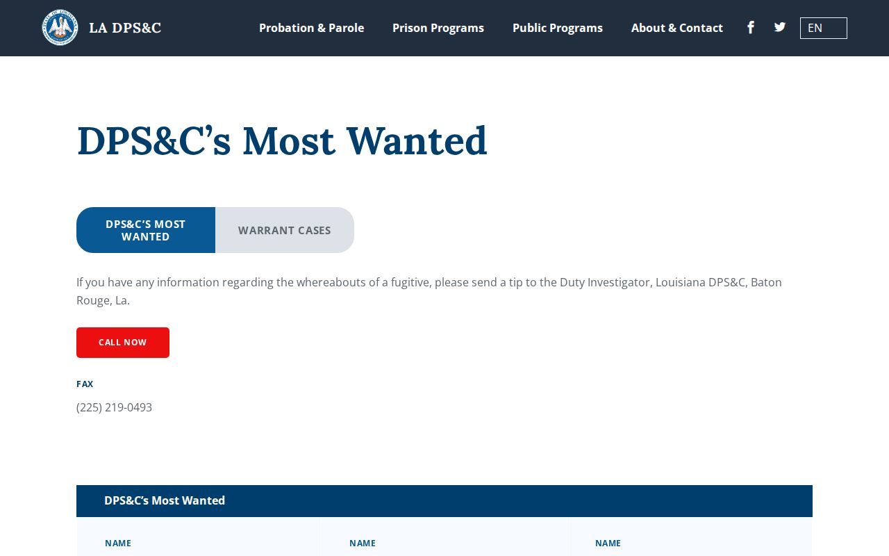 Louisiana DPS&C current wanted and warrant cases page