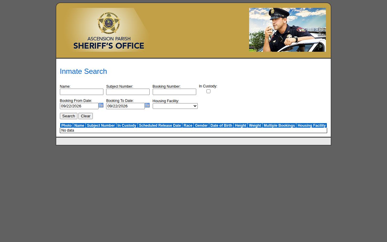 Louisiana parish inmate inquiry showing a photo-capable booking portal