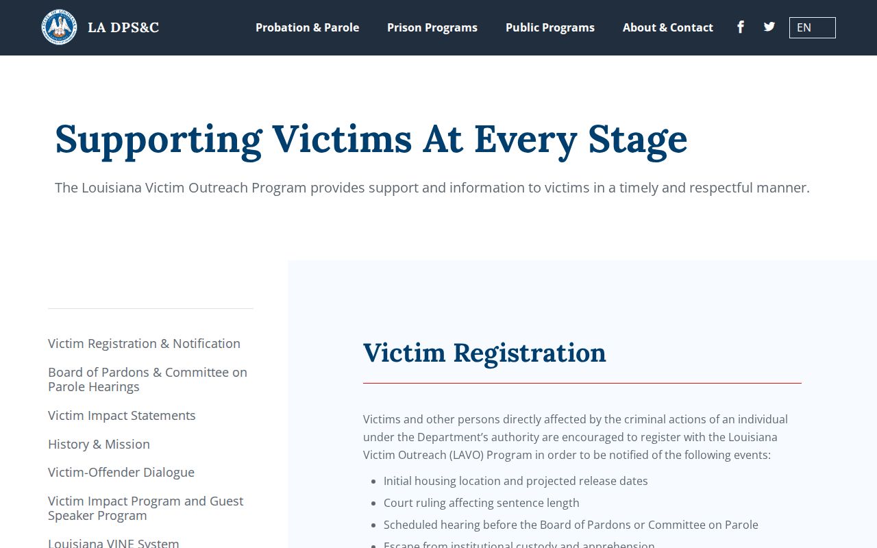 Louisiana DPS&C victim-services page describing a restricted current-photo request
