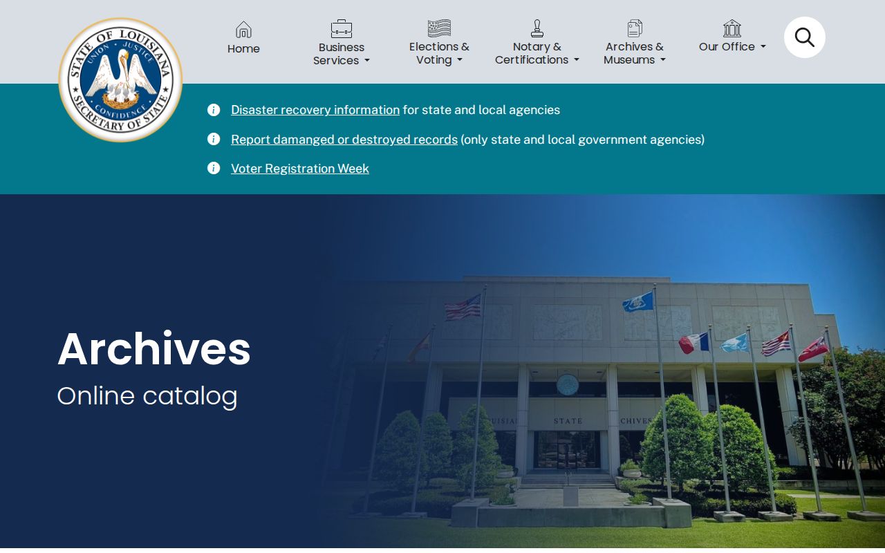 Louisiana State Archives online catalog for historical record searches