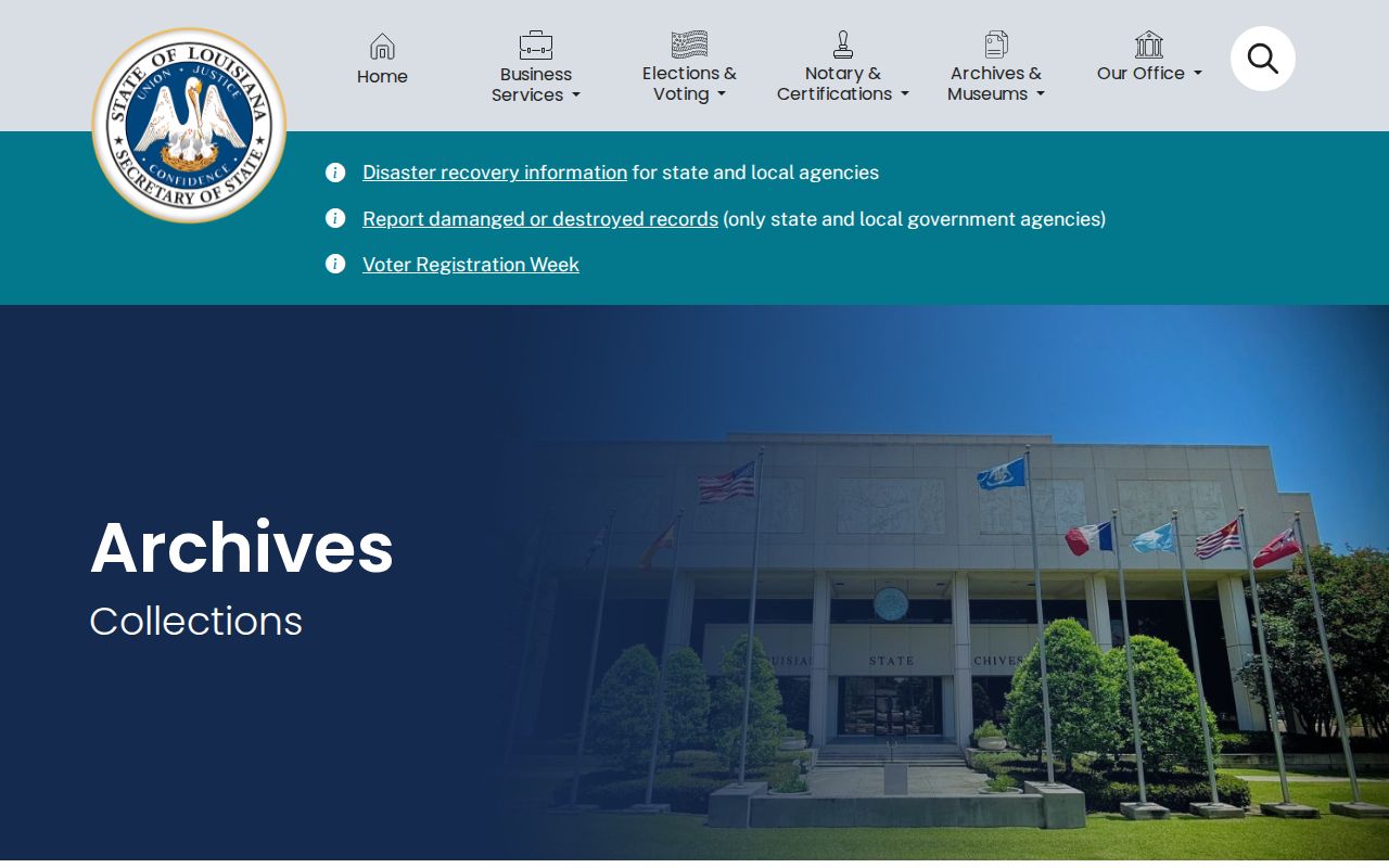 Louisiana State Archives collections page for historical state records